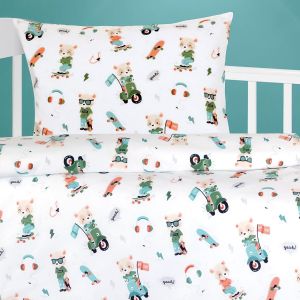 Dětské povlečení do postýlky MEDVÍDEK NA MOTORCE, bílé, bavlna hladká, 90x135cm + 45x60cm