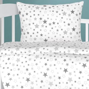 Dětské povlečení do postýlky ŠEDÉ HVĚZDIČKY NA BÍLÉ, bavlna hladká, 90x135cm + 45x60cm