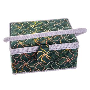 Kazeta / košík na šití, čalouněný 10 bez přihrádky, tmavě zelený ornament, 24 x 17,5 x 13cm