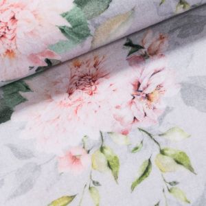 Košilovina bavlněná, mušelín tisk 3119/01, růžovo-fialové květy na šedé š.140cm (látka v metráži)