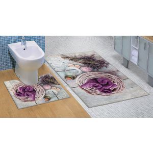Koupelnová souprava 3D FOTOTISK LEVANDULE, na světlém dřevě, 100x60cm (předložka) + 60x50cm (na WC)