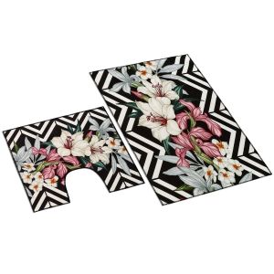 Koupelnová souprava 3D LILIE, růžovo-černá 100x60cm (předložka) + 60x50cm (na WC)