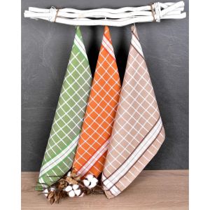 Kuchyňské utěrky EGYPTSKÁ BAVLNA PERLA MIX, oranžová, zelená a béžová kostka, 3 kusy, 50x70cm