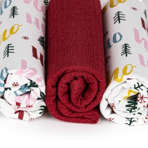 Kuchyňské utěrky vánoční AK-3942, HO HO, stromečky, bílo-vínová 3 kusy dárkové balení, 40x70cm