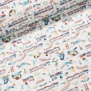 Minky dětské 3911 27 modré vláčky na bílé, š.145cm (látka v metráži)