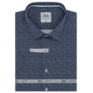 Pánská košile AMJ bavlněná, tmavě modrá puntíkovaná VKBR1283, krátký rukáv, (regular + slim fit)