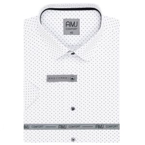 Pánská košile AMJ bavlněná, bílá s puntíkovanými čtverečky VKBR1277, krátký rukáv, regular fit