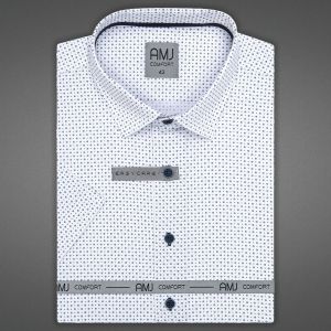 Pánská košile AMJ bavlněná, bílá s puntíky a tečkami VKBR1205, krátký rukáv (regular + slim fit)