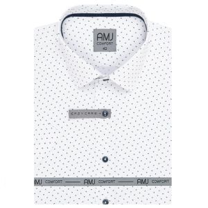 Pánská košile AMJ bavlněná, bílá s drobnými písmenky VKBR1275, krátký rukáv, (regular + slim fit)