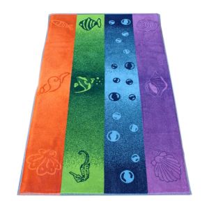 Plážová osuška 02 MOŘSKÝ KONÍK A LASTURY, modro-zeleno-fialová, froté, 100x160cm