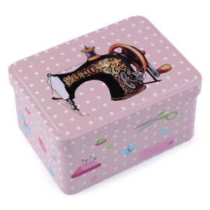 Krabička na šití a jehly, plechová 790322/3, pudrová s puntíky, 9,5 x 12,5 x 6,5cm (obdélník)