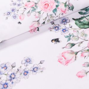 Polyesterové plátno se zátěrem / ubrusovina 8955-14, šípkové růže na bílé, š.155cm (látka v metráži)