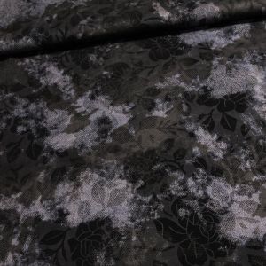 Polyesterový úplet N6091 květinový vzor na černé se stříbrnými fleky, š.150cm (látka v metráži)