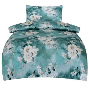 Povlečení FIONA, květinový vzor, tyrkysové, bavlněný mako satén, 140x200cm + 70x90cm