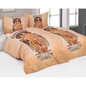 Povlečení Matějovský ALFONS MUCHA MOET, béžové, bavlna hladká digitál, 140x200cm + 70x90cm