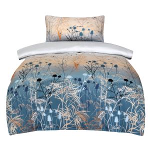 Povlečení HERBAL, rostlinný motiv, modro-béžové, bavlněný mako satén, 140x200cm + 70x90cm