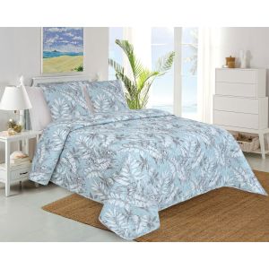 Přehoz na postel FOGLIE listy, modrý, 220x240cm, dvoulůžkový + 2x povlak 45 x 45cm
