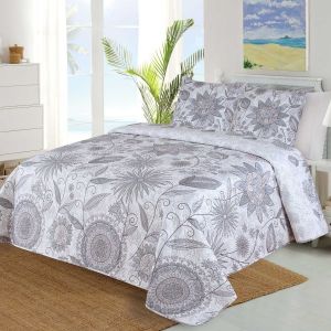 Přehoz na postel PRADO šedý, květinový vzor, 220x240cm, dvoulůžkový + 2x povlak 45 x 45cm