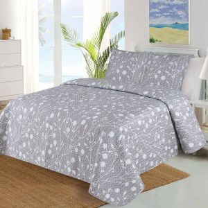 Přehoz na postel RAMAS šedý, drobný květinový vzor, 220x240cm, dvoulůžkový + 2x povlak 45 x 45cm