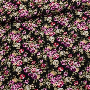 Šatovka bavlněná 0057/01 růžové růžičky na černé, š.145cm (látka v metráži)