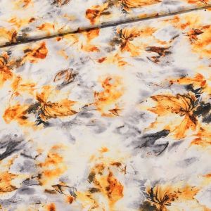 Šatovka / polyesterové hedvábí 2529D oranžovo-šedé aqua listy, š.140cm (látka v metráži)