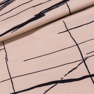 Šatovka / polyesterové hedvábí 3093 Z, černé čáry na béžové, š.140cm (látka v metráži)