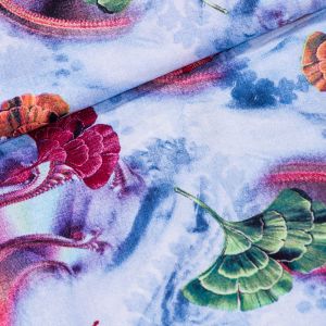 Šatovka viskózová 2886 B, ginko na modré, š.140cm (látka v metráži)