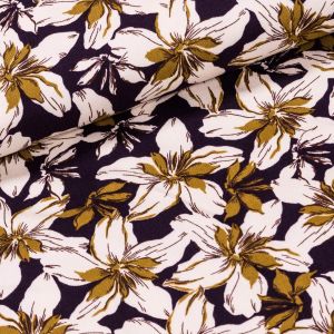 Šatovka viskózová 3176-006, béžové květy na temně fialové, š.140cm (látka v metráži)