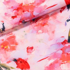 Šatovka viskózová B0148, malované (vodové) květy na meruňkové, š.140cm (látka v metráži)