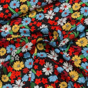 Šatovka viskózová DT-23090, červené, modré a žluté květy, š.150cm (látka v metráži)