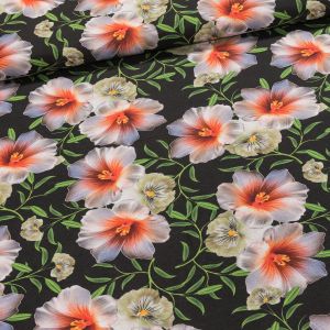 Směsové plátno 2021-46, oranžový ibišek na černé, š.140cm (látka v metráži)
