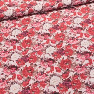 Směsové plátno 2023-9, červené a bílé květiny, š.140cm (látka v metráži)