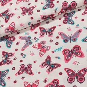 Směsové plátno FRANI růžový motýl na bílé, š.140cm (látka v metráži)