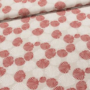Směsové plátno PETXINA bílé a červené mušle na režné, š.140cm (látka v metráži)