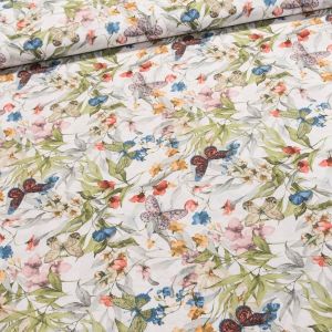 Směsové plátno SPRING GREEN, motýli s květinami, zelená, š.140cm (látka v metráži)