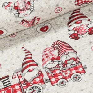 Směsové plátno vánoční EXPRES BÉŽOVÝ, červení skřítci ve vláčku, š.140cm (látka v metráži)
