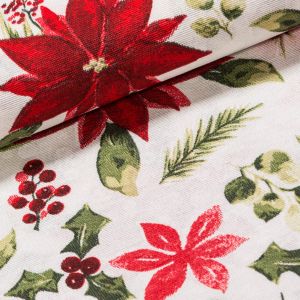 Směsové plátno vánoční HARMONY červená vánoční růže a mahonka na bílé, š.140cm (látka v metráži)