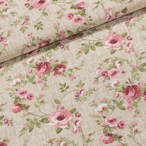 Směsové plátno VERA ROSA růže na pytlovině, růžová, š.140cm (látka v metráži)