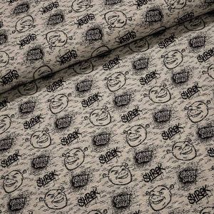 Směsový úplet dětský 8621-001 SHREK, hlavy na nápisy na šedé, š.150cm (látka v metráži)