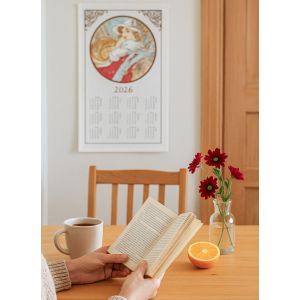 Textilní kalendář, utěrka ALFONS MUCHA PANNA 2026, bílý, 40x70cm, bez hůlky