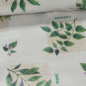 Ubrus PVC s textilním podkladem 409.1, zelené bylinky na pytlovině, š.140cm (metráž)