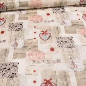 Ubrus PVC s textilním podkladem 4E2/03 srdce a kopretiny na dřevě, béžová, š.140cm (metráž)