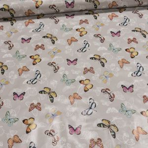 Ubrus PVC s textilním podkladem 607-1, barevní motýli, šedá, š.140cm (metráž)