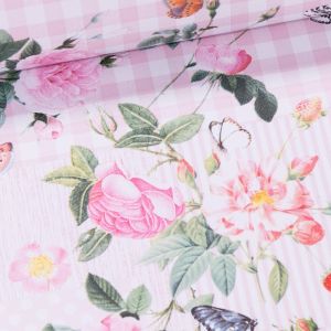 Ubrus PVC s textilním podkladem 7745110, růžičky na růžovém patchworku, š.140cm (metráž)