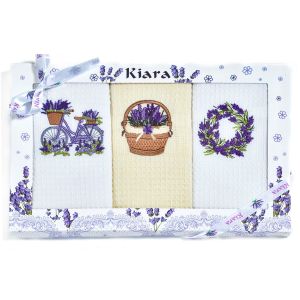 Utěrky KIARA 107 vaflové vyšívané, dárkové balení, levandule kolo košík věnec, smetanová a bílá, 3 kusy 50x70cm