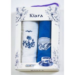 Utěrky KIARA 142 vaflové vyšívané, dárkové balení, hrníček a konvička, modro-bílá, 2 kusy 50x70cm