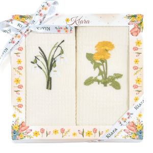 Utěrky KIARA 155 vaflové vyšívané, dárkové balení, sněženky a pampelišky na smetanové, 2 kusy 50x70cm