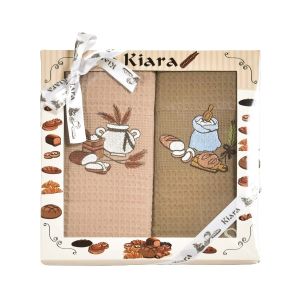 Utěrky KIARA 160 vaflové vyšívané, dárkové balení, modrý pytel a pečivo na tmavě béžové, 2 kusy 50x70cm