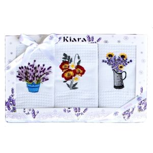 Utěrky KIARA 87 vaflové vyšívané, dárkové balení, květiny, bílá, 3 kusy 50x70cm