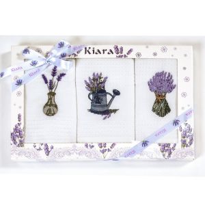 Utěrky KIARA 98 vaflové vyšívané, dárkové balení, levandule, bílá, 3 kusy 50x70cm